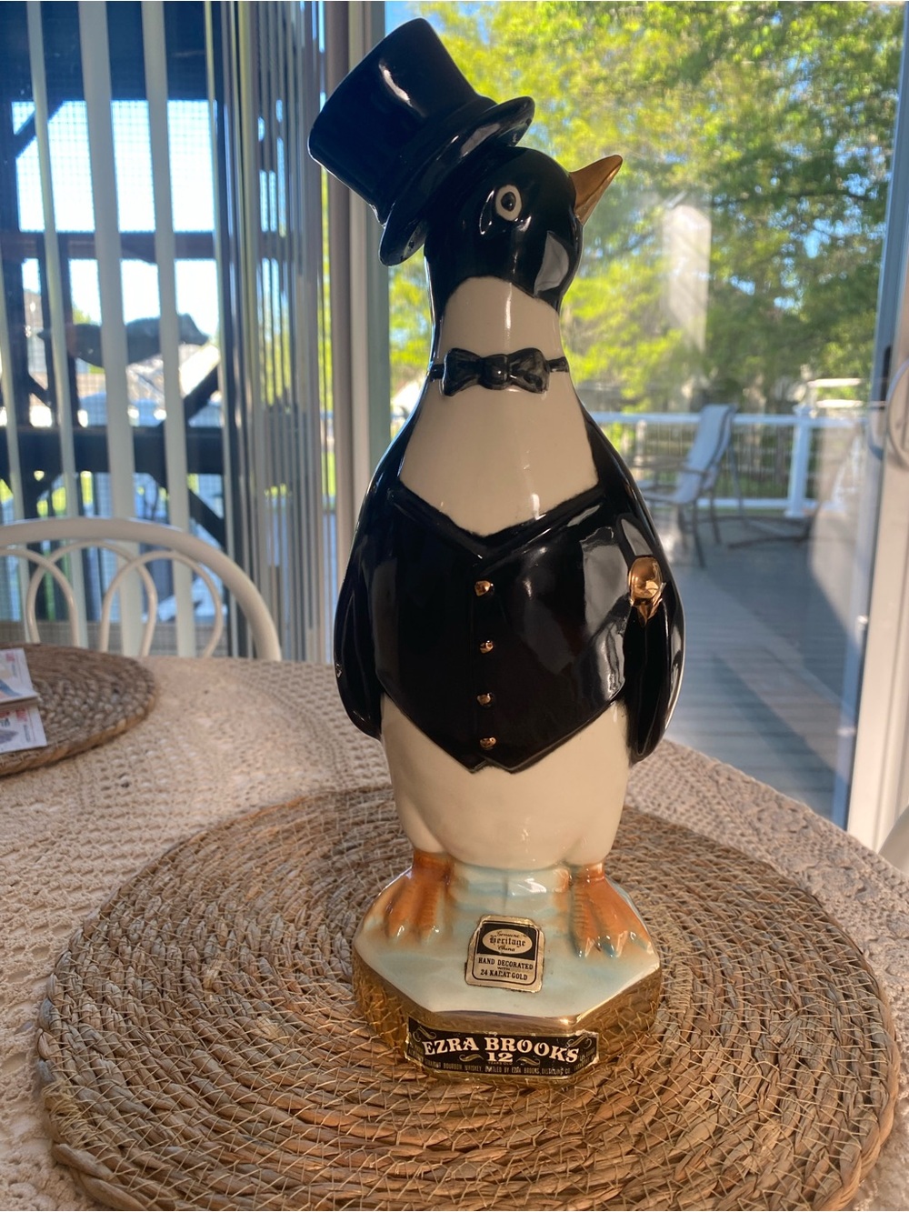 Vintage Ezra Brooks Penguin Ceramic Decanter in Black, White & Gold